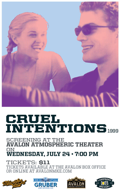 Still image from Cruel Intentions (1999) with Annette on the left smiling at Sebastian on the right as he drives his Jaguar XK140; Cruel Intentions (1999) screening at the Avalon Atmospheric Theater on Wednesday, July 24 at 7:00 PM; tickets $11; tickets available at the Avalon box office or online at avalonmke.com; logos for Milwaukee Record, Gruber Law Offices, Avalon Atmospheric Theater, and Lakefront Brewery
