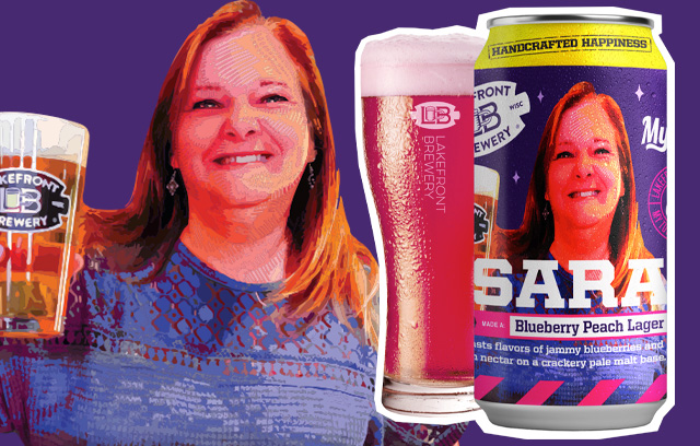Image of Sara holding a Lakefront pint full of beer on the left and a glass full of My Turn Sara beer behind a can of My Turn Sara on the right
