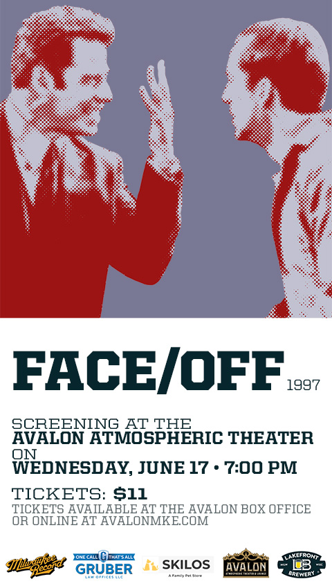Still image from Face/Off (1997) with Castor-as-Archer on the left and Archer-as-Castor on the right; Face/Off (1997); Screening at the Avalon Atmospheric Theater on Wednesday, June 17 at 7:00 PM; Tickets: $11; Tickets available at the Avalon Box Office or online at avalonmke.com