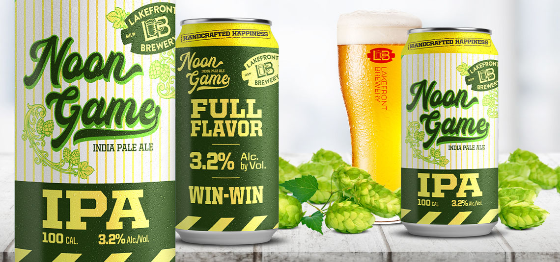 Photo showing a can of Lakefront Brewery Noon Game IPA in the left foreground, flanked by a Noon Game can withe back label visible on the right with the text